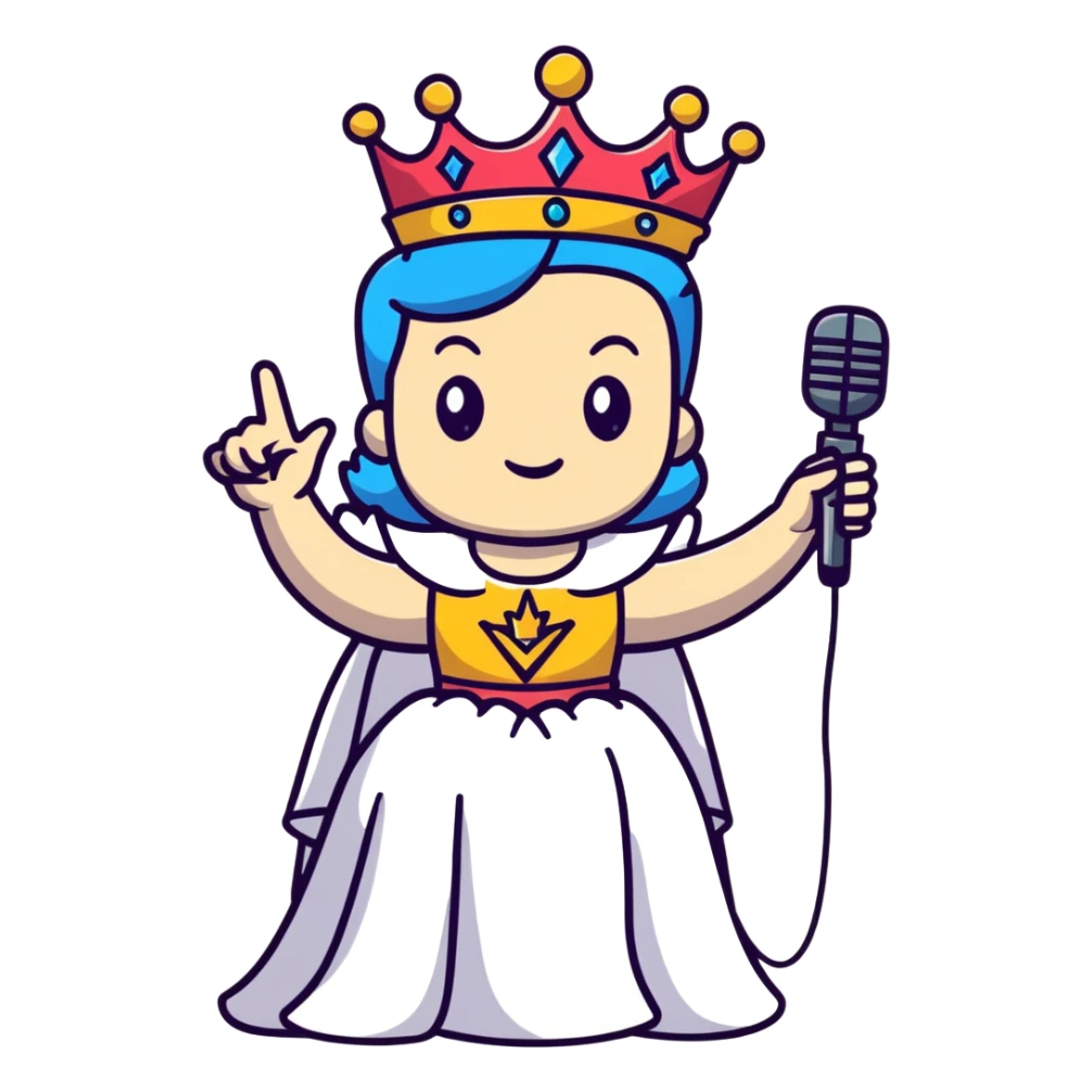 rock and roll queen with crown, microphone, rock star pose, energetic sticker