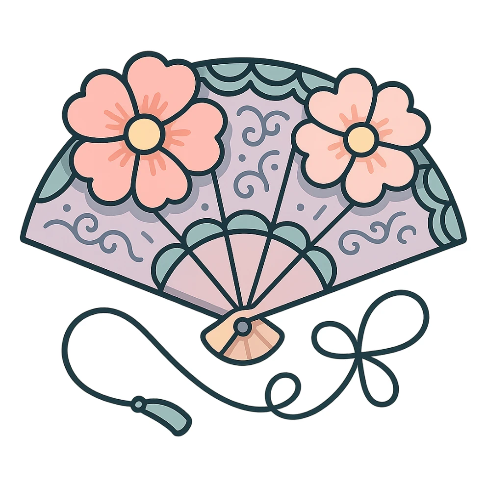 detailed Chinese fan with elegant curved cords and large flowers, complex patterns, detailed shadows and highlights, thin clean outlines, soft rounded shapes, pastel palette #98B5BC, #B5B3C1, #C9A3C9, #E4C0CA, #F7DCD1, #F7C0AA, modern Japanese pop art and sticker aesthetic, soft lighting, transparent background sticker