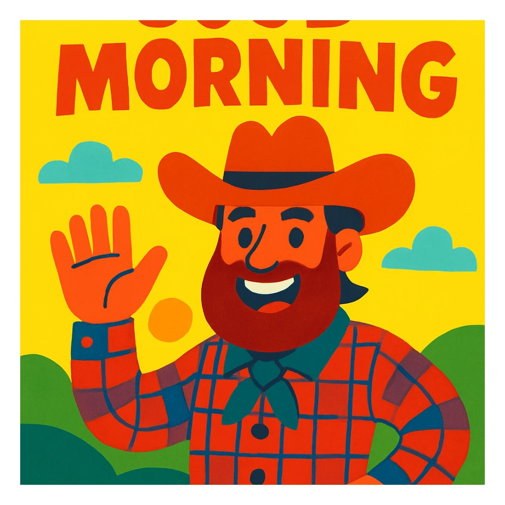 bearded cowboy giving good morning, colorful and friendly illustration style sticker