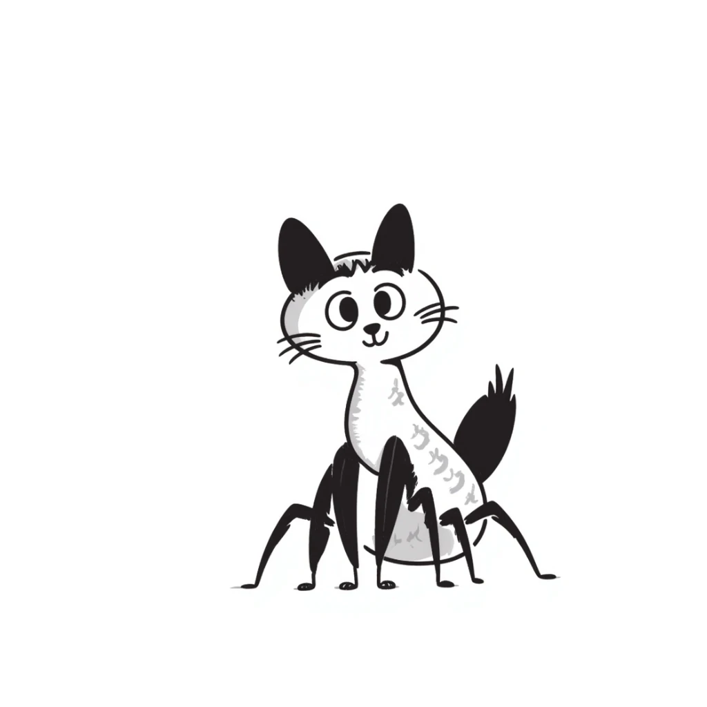 A quirky hybrid creature with a cat's body and head but with mantis-like front limbs. It has cat ears, whiskers, and a furry body, but with the distinctive praying mantis forearms. The creature has large cat eyes but is in a slight mantis-like pose. sticker