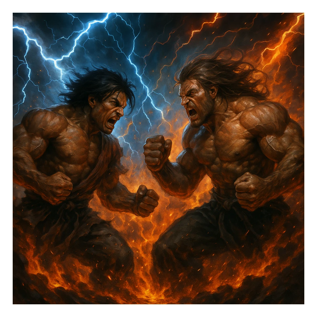 angry fight final battle, epic showdown, lightning and fire effects, powerful stances sticker