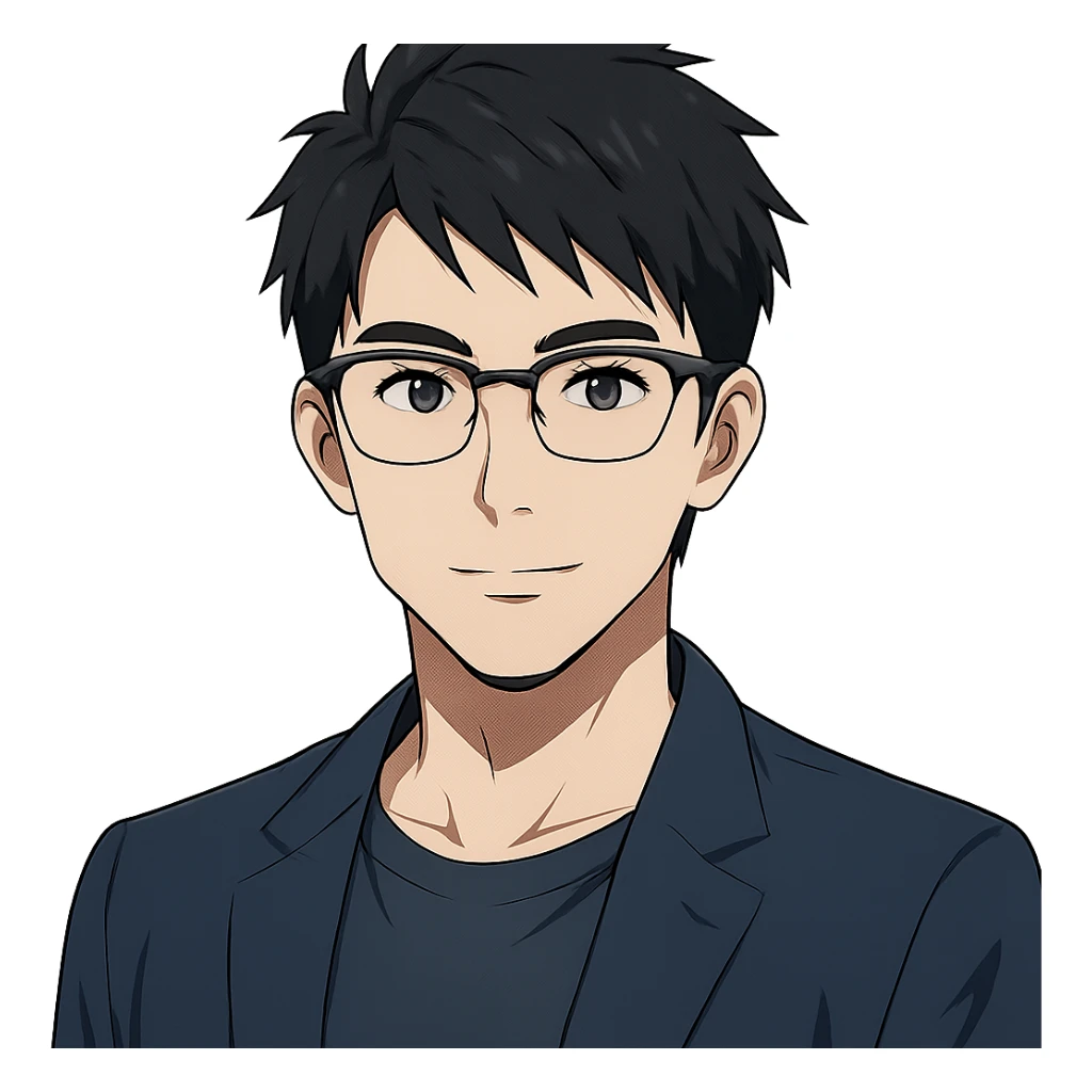 anime style Asian male, age 25, wearing Ray-Ban half frame glasses sticker