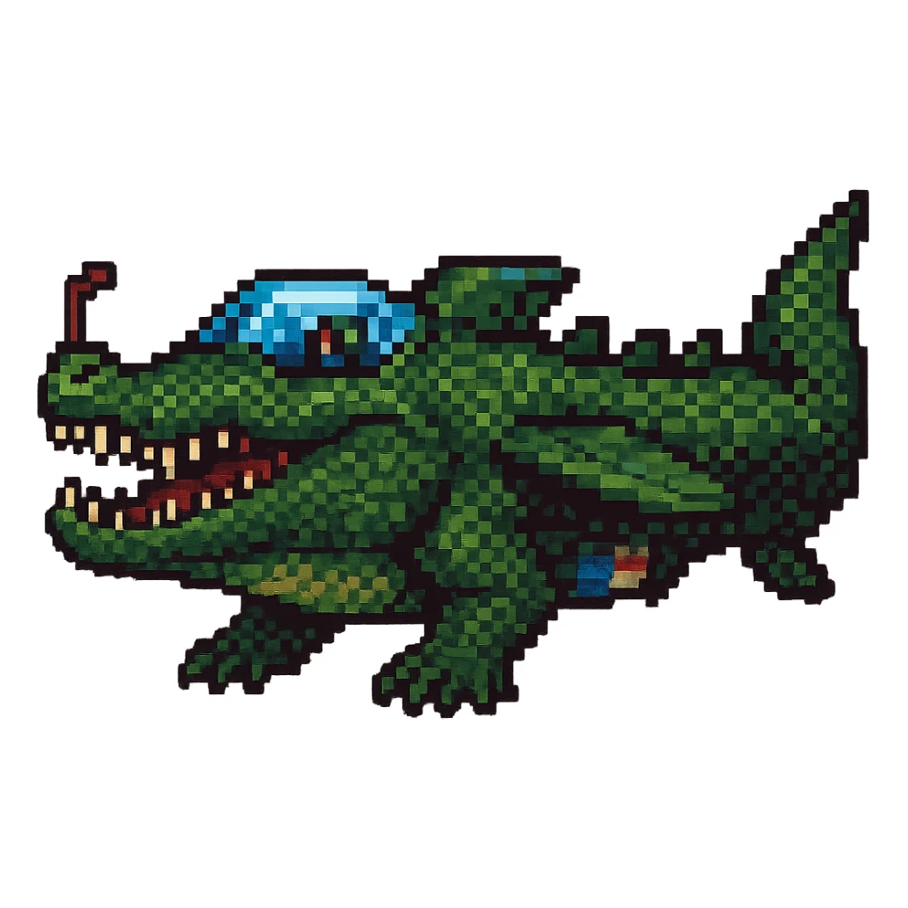 Make the war plane and crocodile fusion much more crocodile-like, emphasizing crocodile features such as the head, scales, teeth, and tail, while keeping the original pixel art style. Maintain a transparent background. sticker