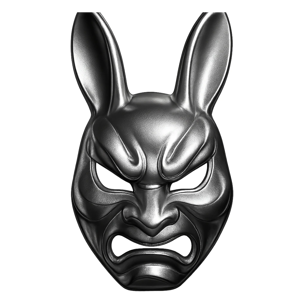 stylized usagi rabbit kabuki mask, red and white, angry expression, shiny chrome look sticker