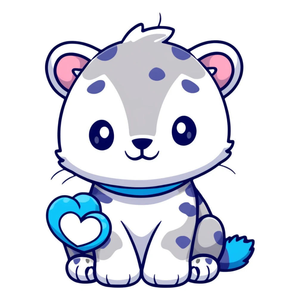 snow leopard with blue fur, white spots, and a heart sticker