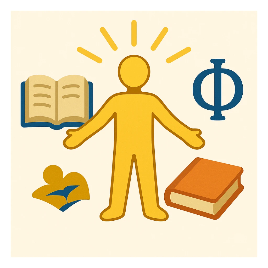 emoji representing Humanism: a human figure in the center, surrounded by books, symbols of knowledge and light sticker