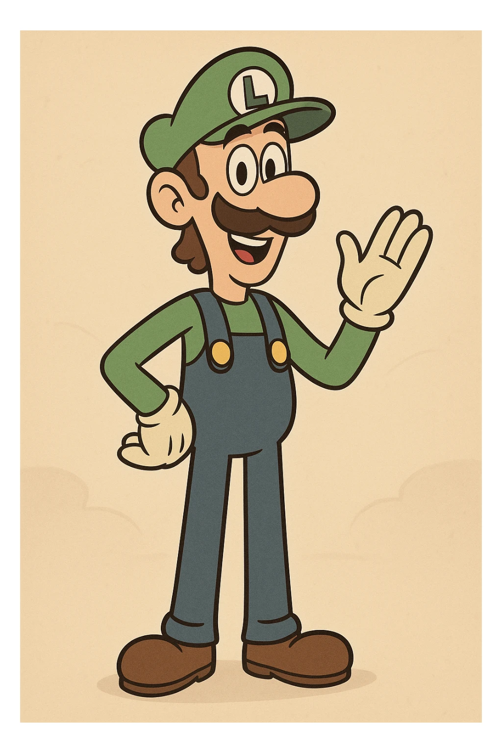 Luigi from Mario & Luigi, tall, green hat with L, blue overalls, mustache, cheerful expression, cartoon style sticker