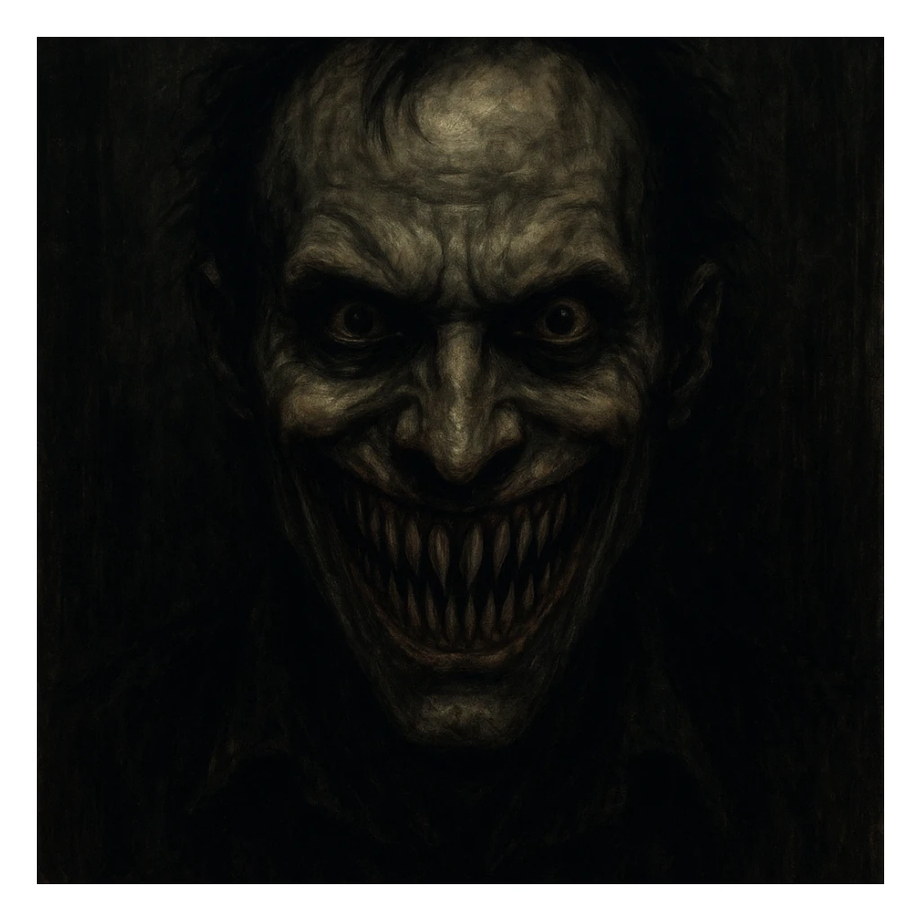 scary man, exaggerated sharp teeth, creepy smile, unsettling vibe sticker