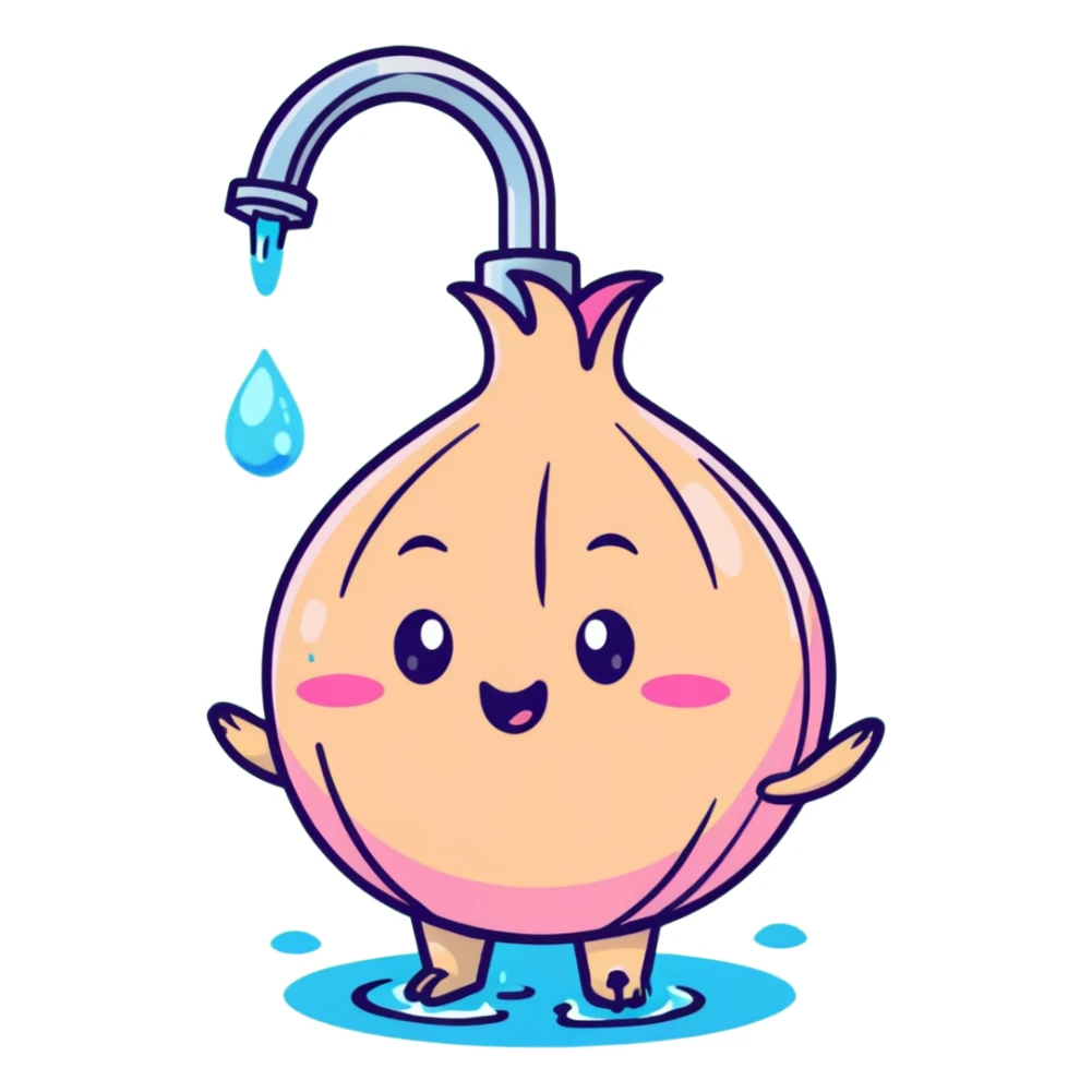 cute blushing onion character in shower, pink cheeks, shy expression, water pouring sticker