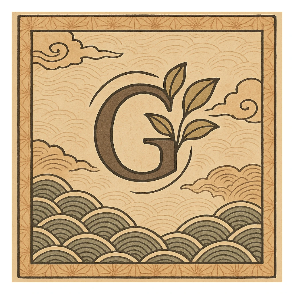 logo featuring the letter G with stylized leaves, elegant Japanese-inspired design, traditional ukiyo-e background with waves or clouds sticker