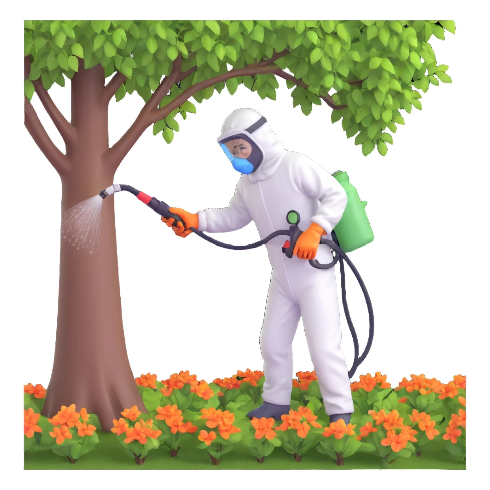 A gardener in protective suit and mask spraying a tree with a sprayer, performing chemical pest control. Bright green garden with trees, visible spray droplets, atmosphere of professional plant protection and garden care sticker