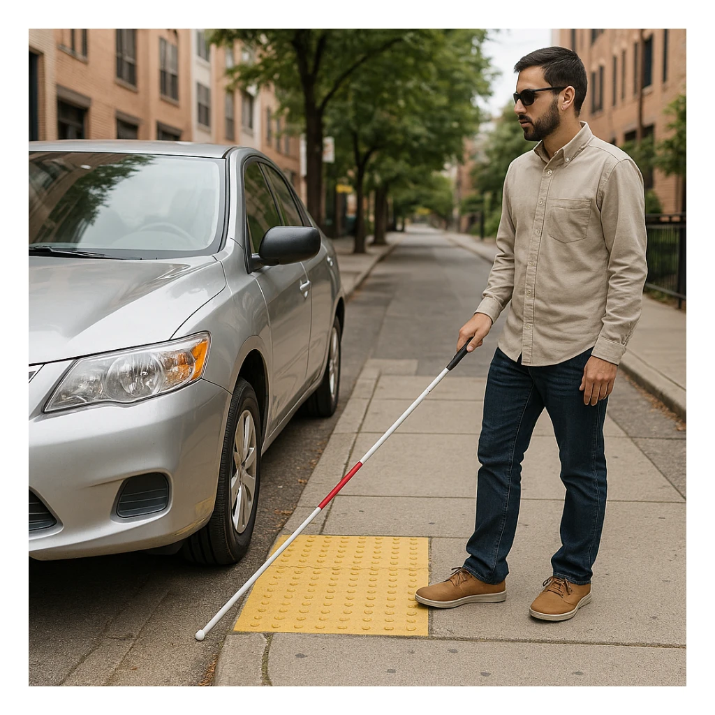 A blind pedestrian with a white cane encountering a car blocking the sidewalk, focusing on the barrier and the need for clear walkways. sticker