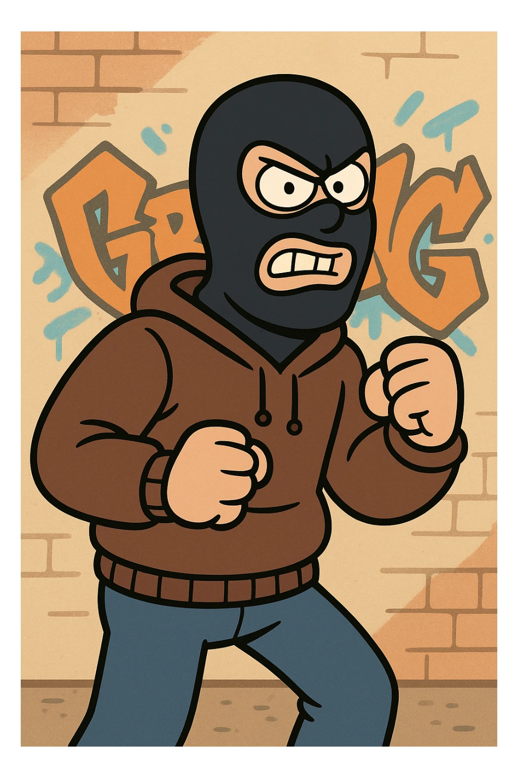 cartoon thug in a balaclava, graffiti background, urban street style, bold and vibrant colors sticker