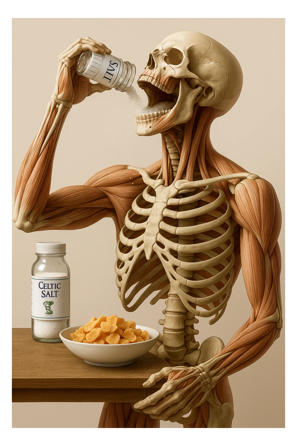 Create a vertical hyperrealistic 4K medical illustration in the style of the reference image. Depict an anatomically correct human body eating Celtic salt from a clearly labeled jar during breakfast. The background should be neutral and clear, with extreme detail and vertical format. Maintain the ultra-detailed medical illustration style as in the reference. sticker