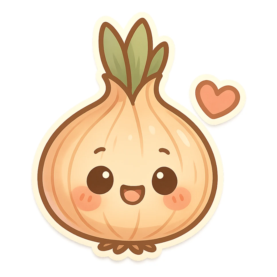 chibi sticker-style onion with a heart accent, cute and exaggerated sticker