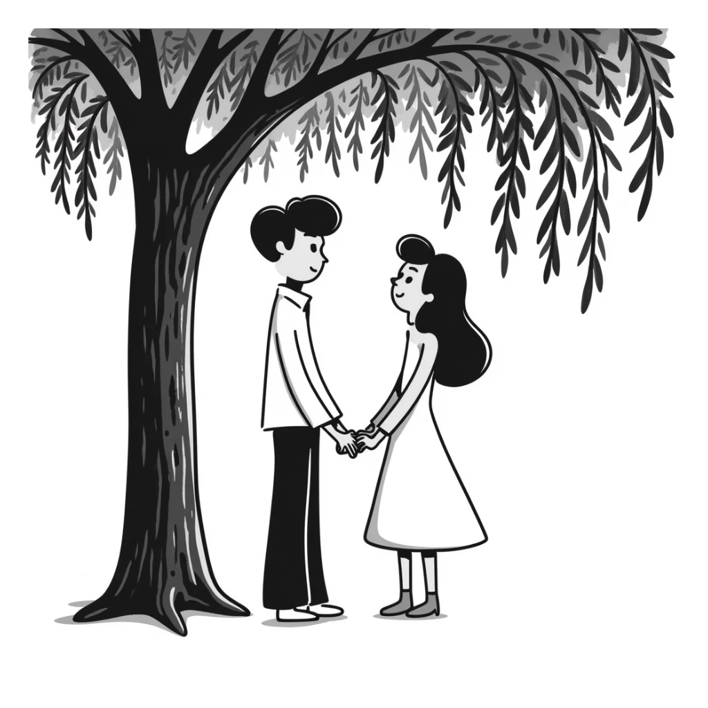 Hand-drawn romantic scene with two people holding hands under a tree sticker