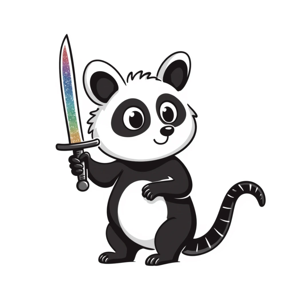 Cute possum with big eyes holding a glittery sword, rainbow colors sticker
