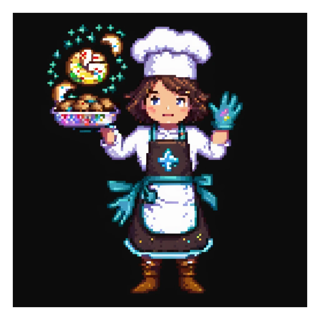 Portrait of a baker casting a baking spell, cookies floating around him, sparkles on his gloves and apron, skeuomorphism style sticker