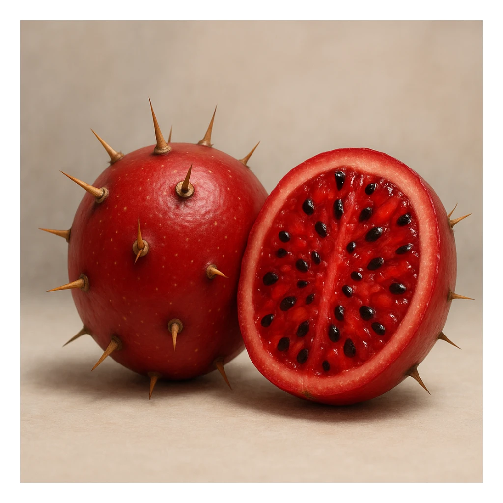 single smooth red round Stenocereus fruit with short cactus spikes, cut open to show juicy interior, realistic style sticker