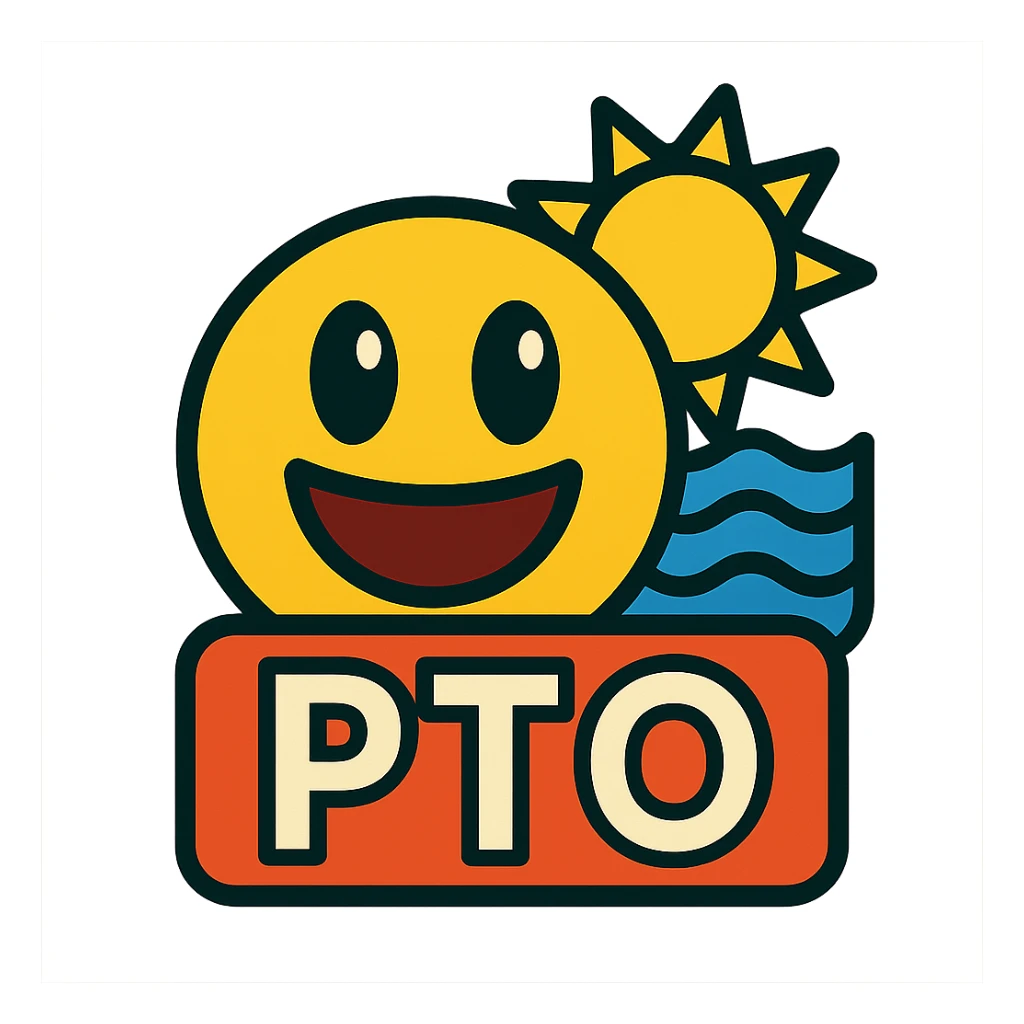 emoji with the text 'PTO' and a sun and waves vibrant cartoon style sticker