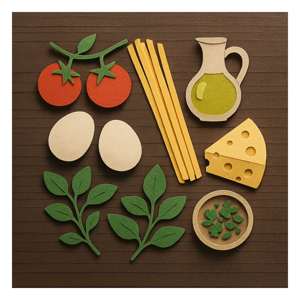 A realistic top-down view of a wooden kitchen table with various common ingredients neatly arranged (like tomatoes, pasta, eggs, cheese, herbs, olive oil). The background should be dark and soft to match a modern app interface. Lighting should highlight the ingredients naturally, with soft shadows. No text, no hands, minimalistic but warm and homely, like a mobile UI background for a cooking app. sticker