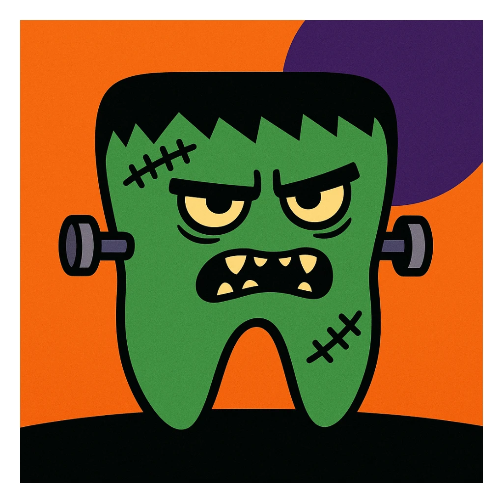 festive Halloween illustration of a tooth transformed into Frankenstein monster, with scars and bolts sticker