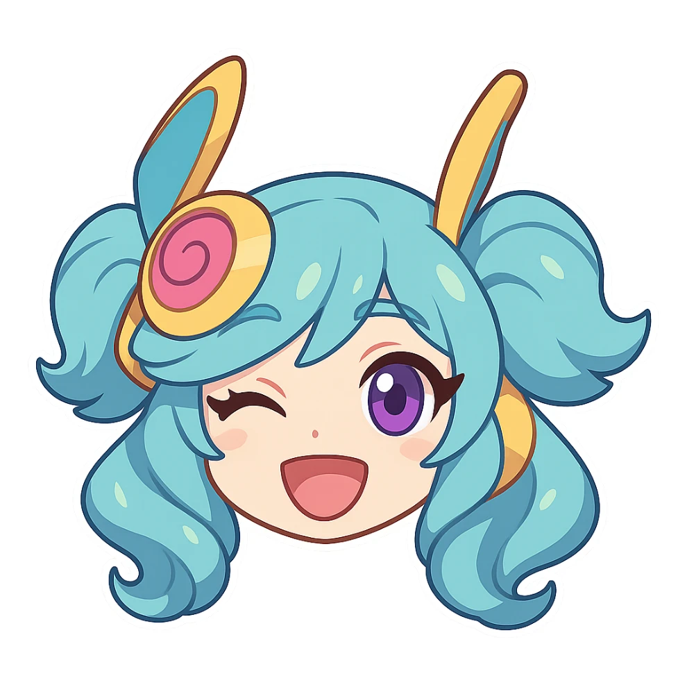 Space Groove Gwen from League of Legends, happy chibi emote, only head visible, right eye is purple sticker