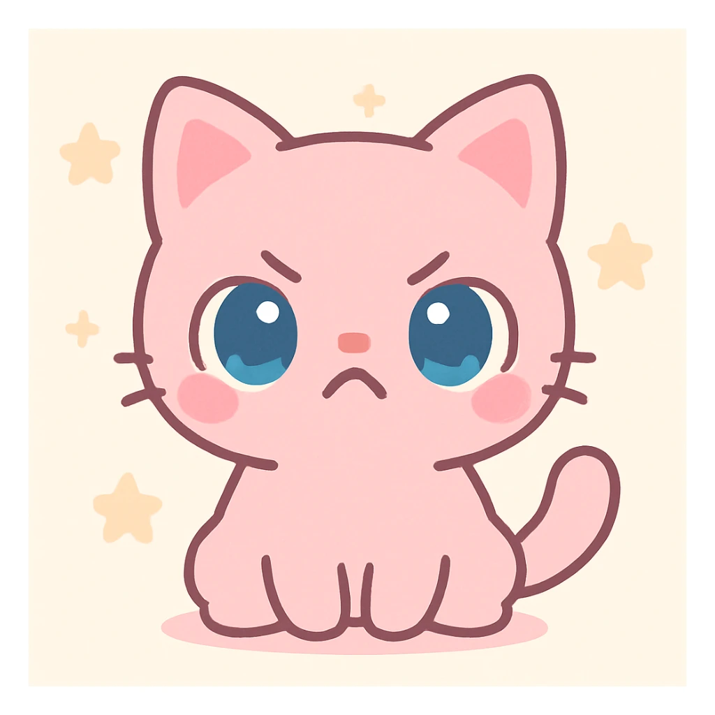 cute angry cat, kawaii style, big eyes, small paws, cartoonish, expressive face sticker