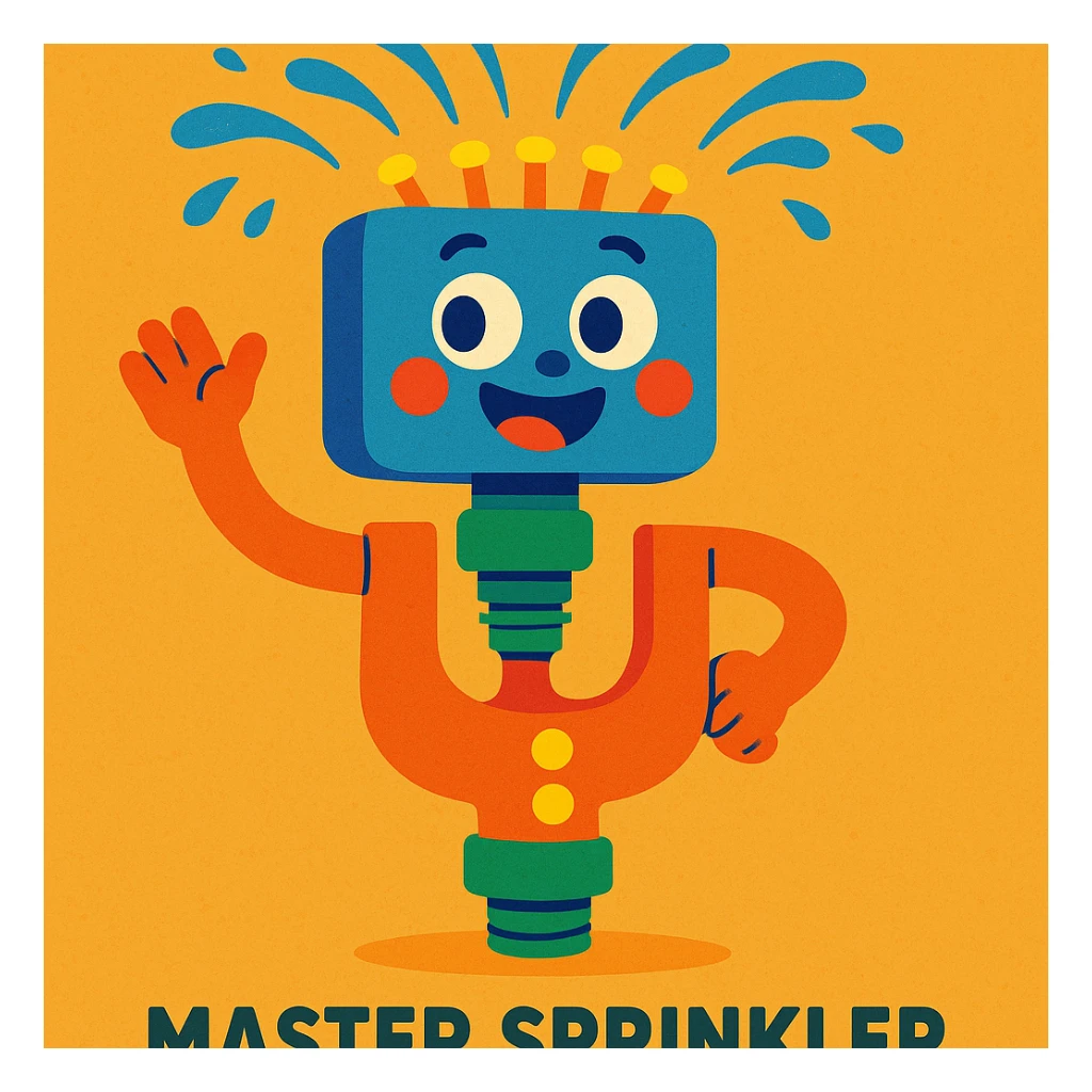 Master Sprinkler character from Grow a Garden, whimsical gardening tool with personality, vibrant colors, playful and friendly, suitable as a mascot or icon sticker