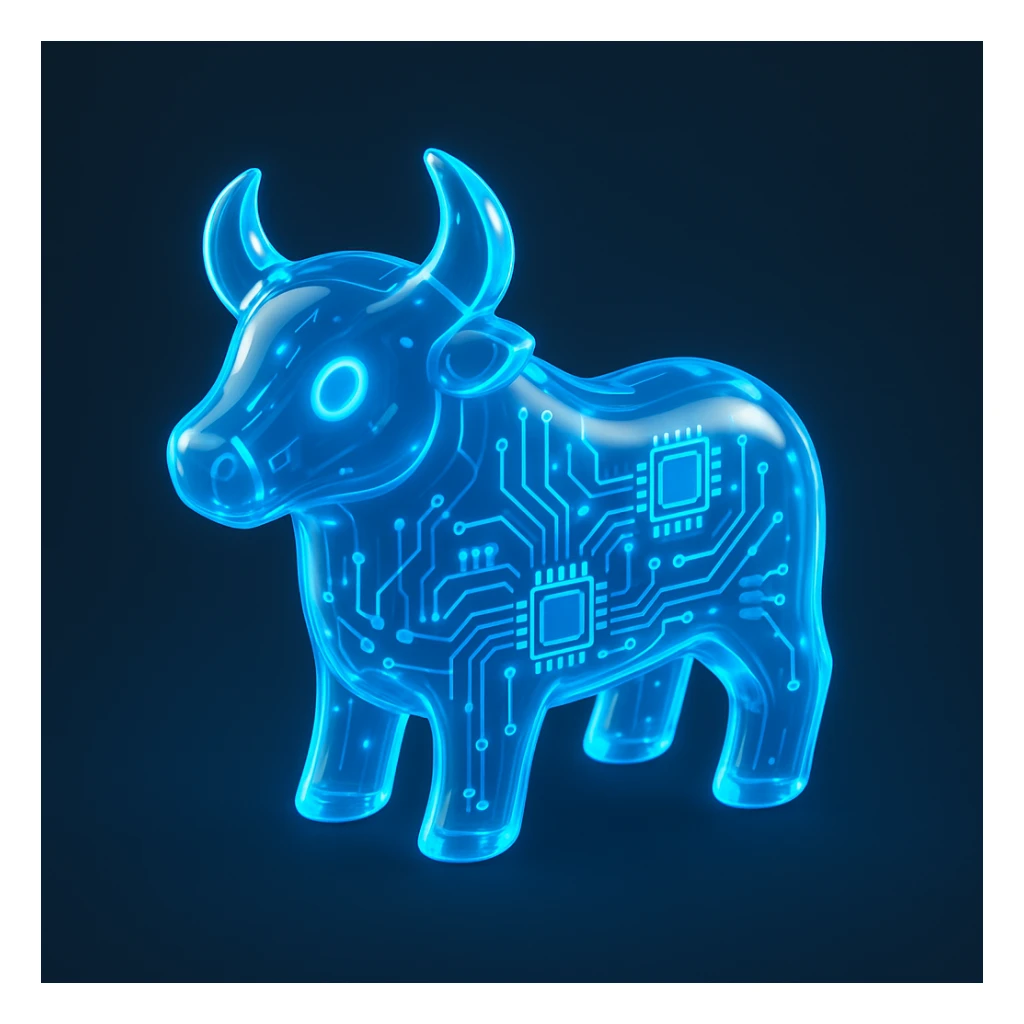 modern tech-inspired bull logo, glowing blue, digital circuit style, glossy circuit look sticker