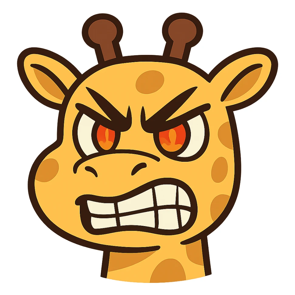 A fierce, determined cartoon giraffe face with furrowed brows, clenched teeth, and fiery eyes. The design should be bold and comically exaggerated, suitable for a 'grr' or 'tryhard' emote. Use sharp angles for the eyebrows, vibrant colors, and a clean, readable style even at small sizes. Cartoonish, kawaii-inspired style, flat toon sticker