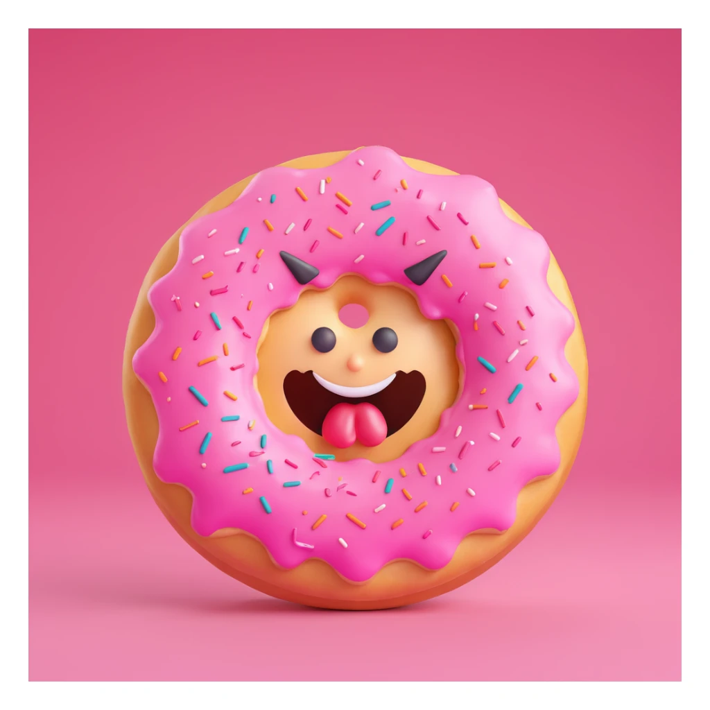 Create an emoji of this donut character with an angry expression, 3D cartoon style, pink background. sticker