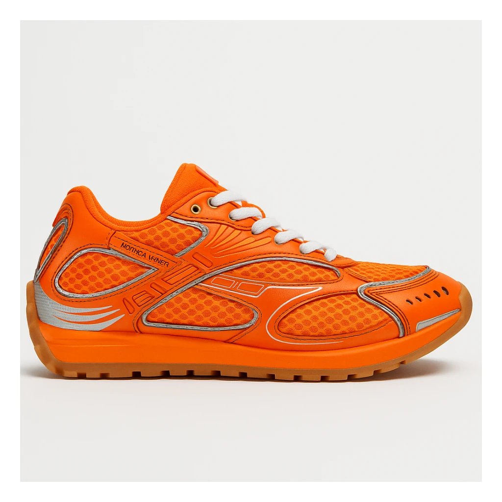 Recreate the Bottega Veneta Orbit sneaker in bright orange, exact design, shown at a sideways angle like the reference image, realistic style with a clean background. sticker