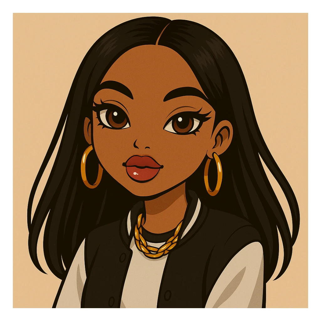 Change her expression to dreamy, headshot only, 20-year-old anime Bratz style woman with dark skin, straight hair, more casual outfit, big expressive eyes, glossy lips, no hat, no tears, looking straight ahead. The style should reflect anime Bratz aesthetics with emphasis on big expressive eyes and glossy lips. sticker