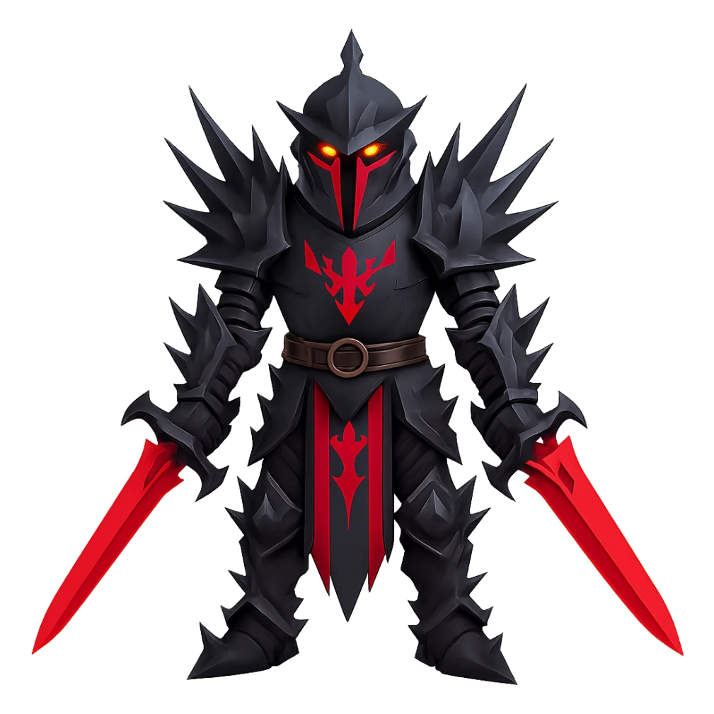 Make the knight's black armour spikey, keep glowing red eyes, dramatic and bold style, no background. sticker