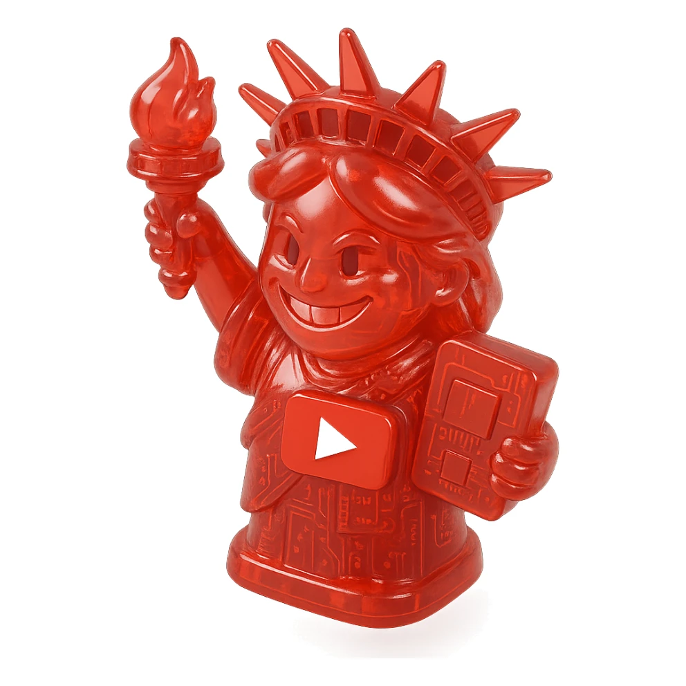 red Statue of Liberty with a playful sarcastic grin, red YouTube play button, glossy circuit style sticker
