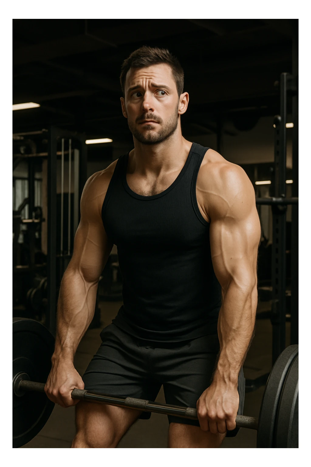 muscular man in gym inspired by reference photo, starting exercise but pausing to evaluate difficulty, attentive look, realistic atmosphere, vertical format sticker