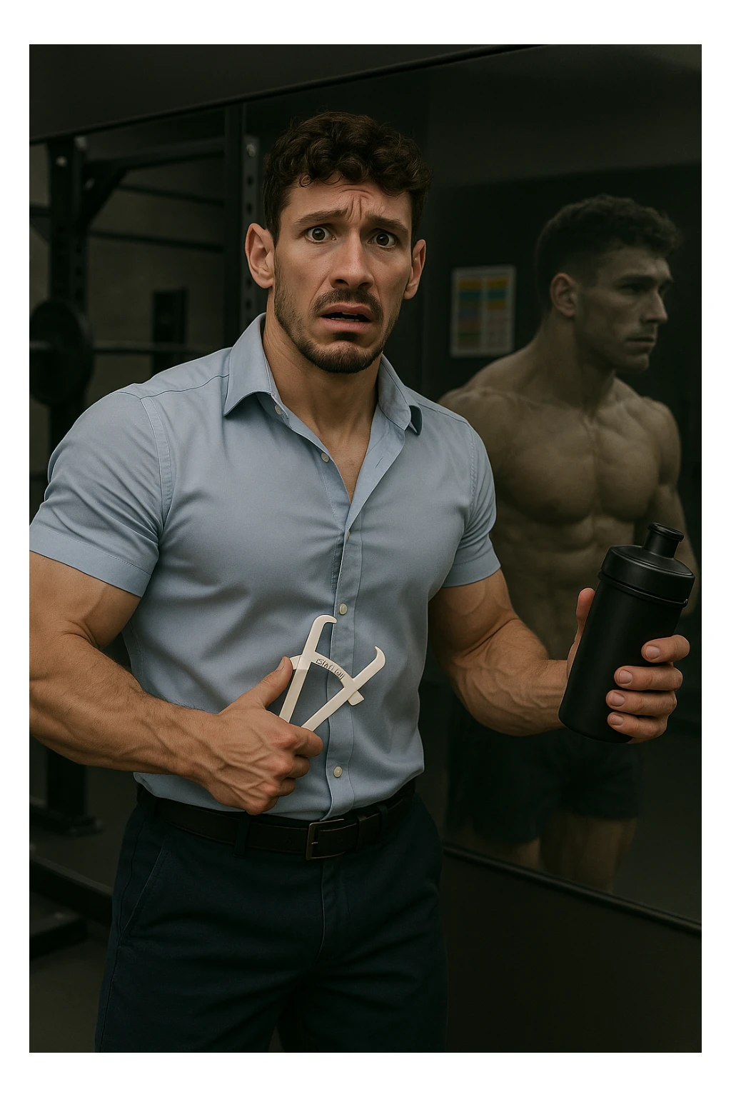 a fit man in his 30s stands in front of a gym mirror, flexing his muscles with a concerned expression. In one hand, he holds a caliper measuring his body fat, while in the other, a protein shaker. Reflected in the mirror, his muscular physique appears slightly faded around the edges, symbolizing his fear of losing muscle. The background shows gym equipment and nutrition charts, emphasizing his focus on definition. sticker