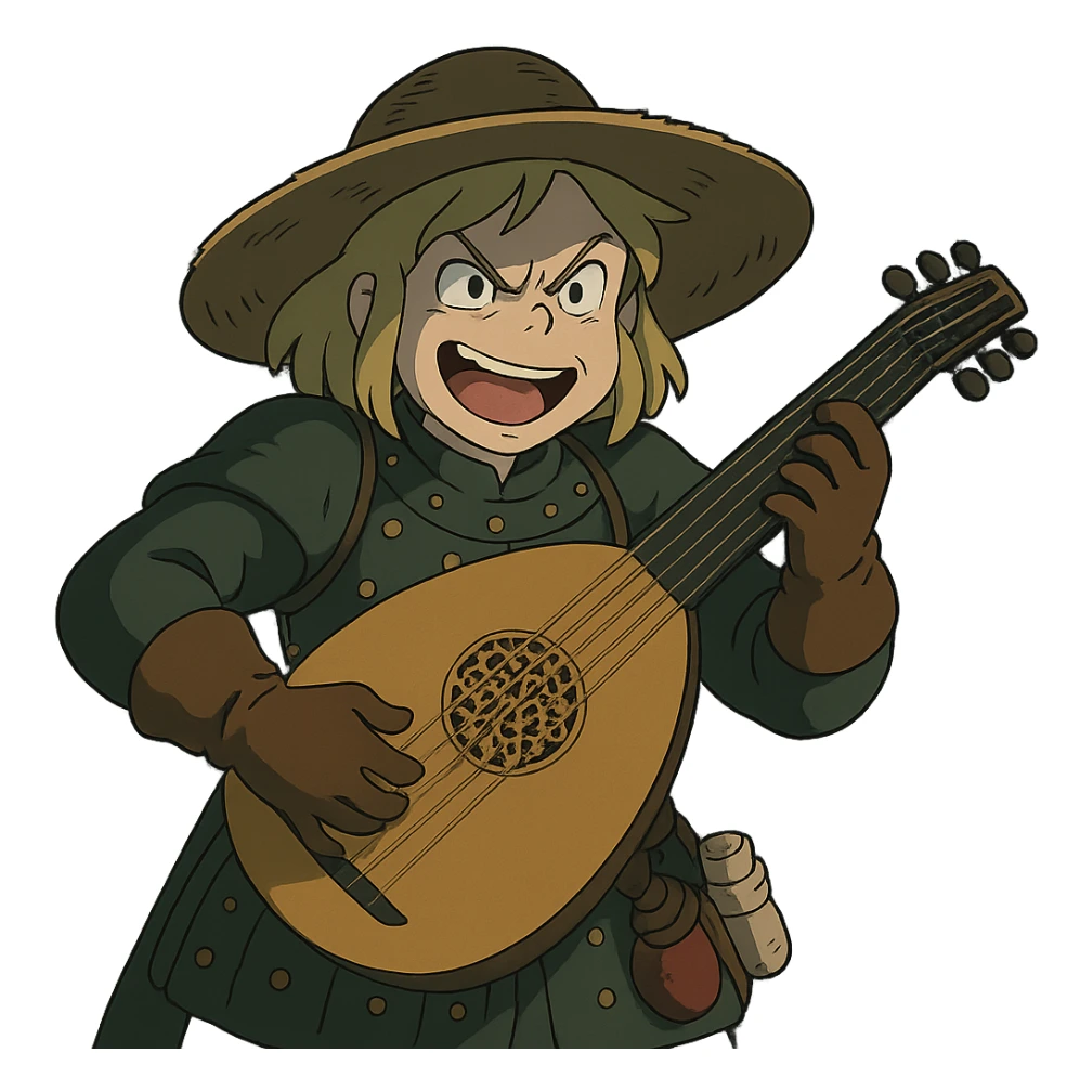 A female bard , blond hair, wearing brigandine armor with a sturdy straw hat, playing a fat medieval lute and singing, night time shadows, tool belt with red potion and bandages, mischievous grin, anger sticker