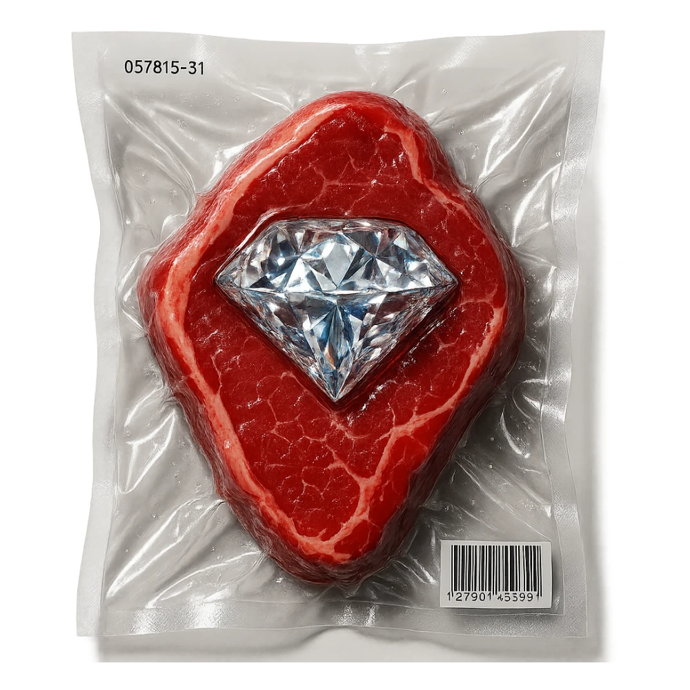 meat steak with sparkling diamond facets, glossy and puffy, vacuum-sealed style sticker