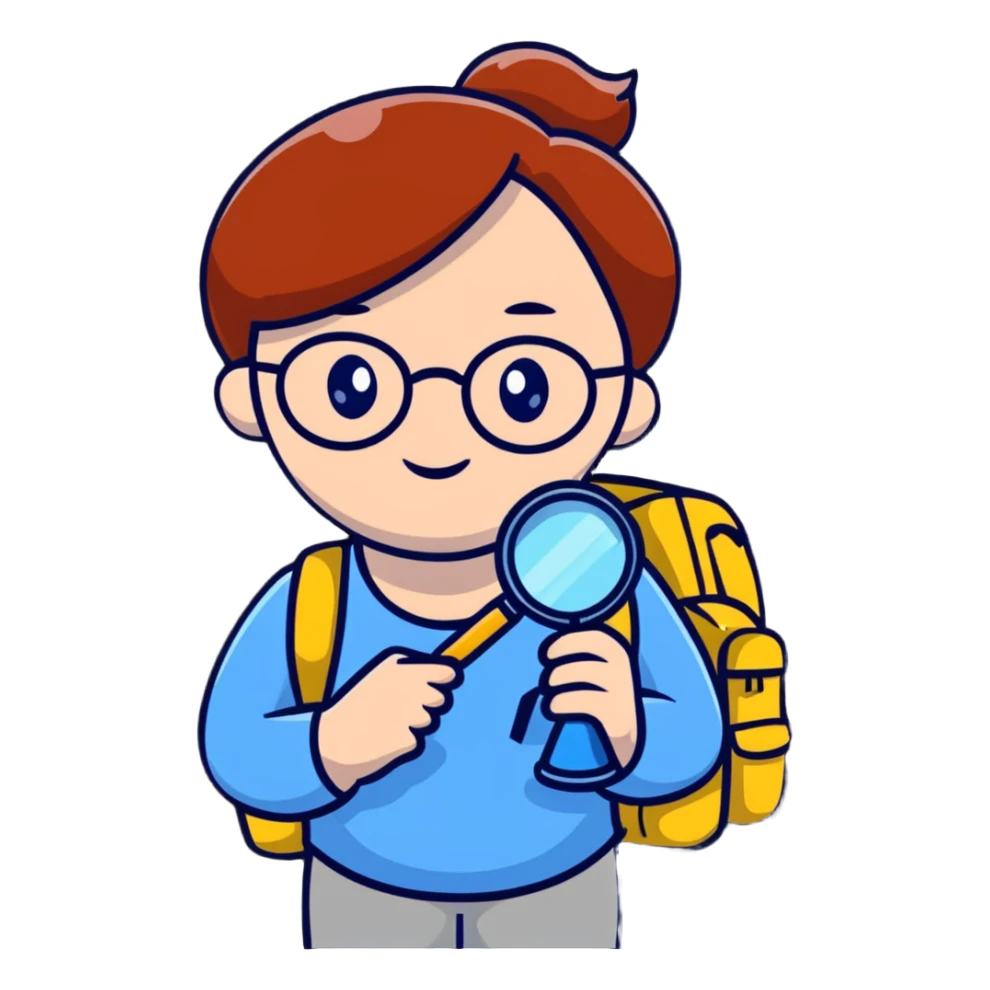 Cheerful woman hiker in her late 30s with glasses, backpack, and one magnifying glass in her right hand sticker