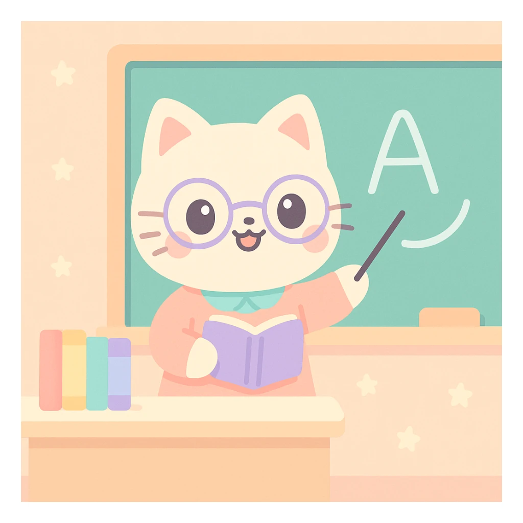 cute cat teacher standing in front of a blackboard in a classroom, teaching, with books and blackboard in the background, bright and warm atmosphere sticker