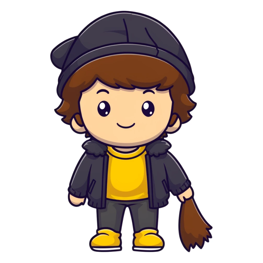 cute boy with fluffy brown hair wearing a black hat with yellow decoration sticker