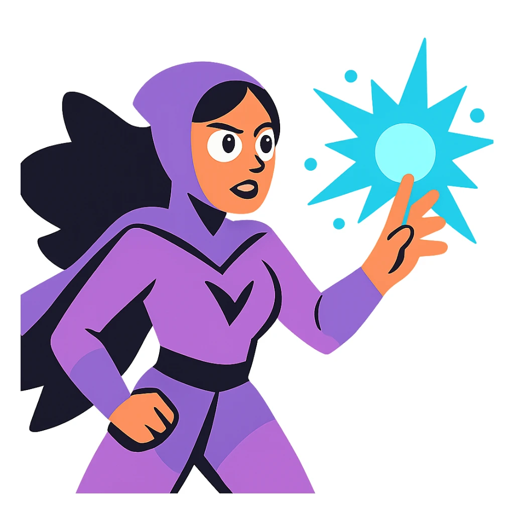 woman superhero in a soft purple and black suit, casting magic from her hand sticker