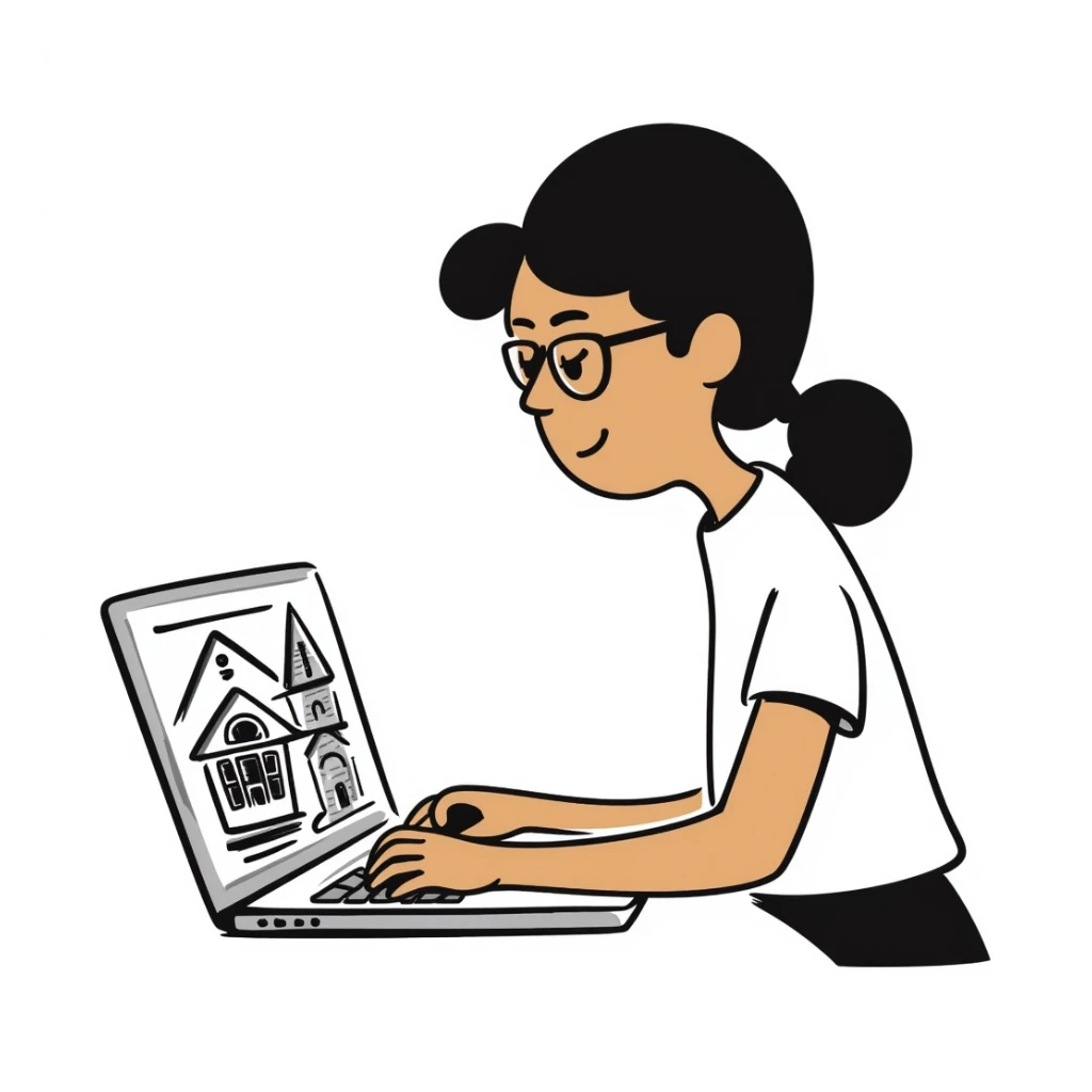 a designer with tan skin and square glasses using a laptop, hand-drawn doodle style sticker