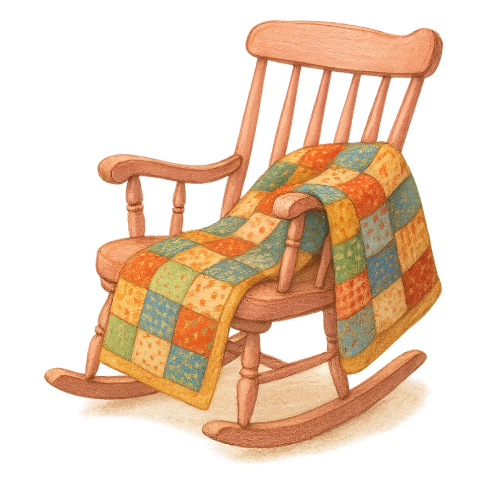 pink rocking chair with a patchwork quilt, cozy sticker