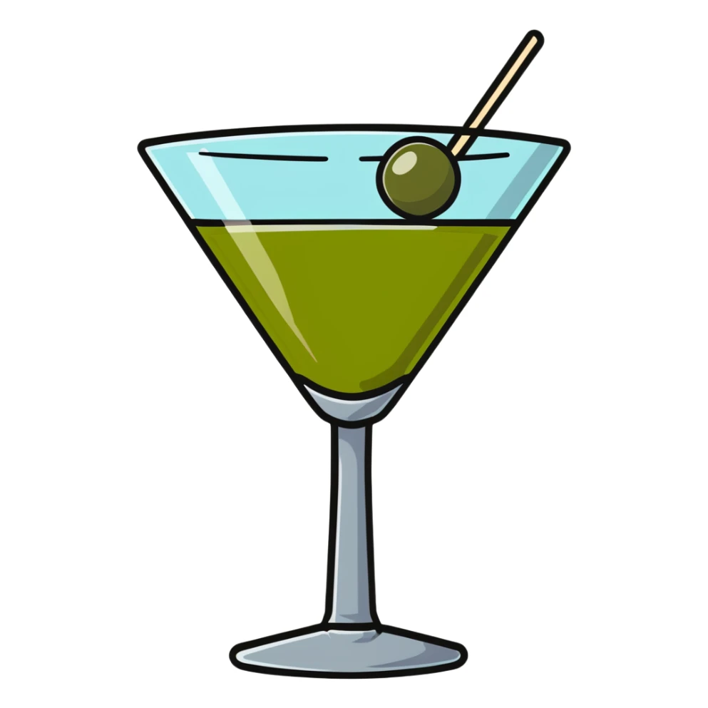 martini glass with crystal clear transparent liquid and an olive at the bottom skewered by a toothpick sticker