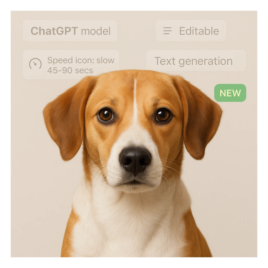 1:1 image of a dog for web UI, with tags 'ChatGPT model', 'Speed icon: slow 45-90 secs', 'Editable', 'Text generation', 'New' subtly blended into the background in a seamless, website-friendly style sticker