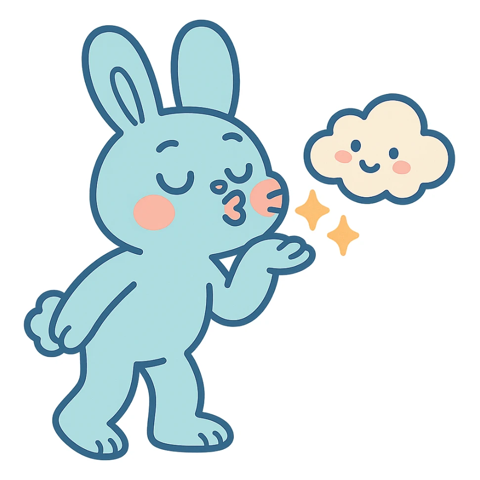 pastel blue bunny with cloud, blowing a kiss with sparkles, pastel-toon style sticker