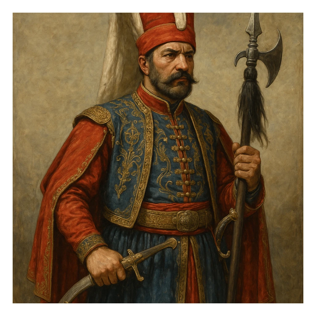 an Ottoman Janissary, historical Turkish soldier, in full ceremonial uniform, detailed and expressive sticker